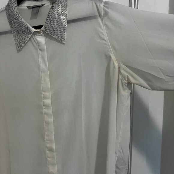 Women's Blouse - Sheer Cream Blouse with Sequin Collar - Picture 6 of 10